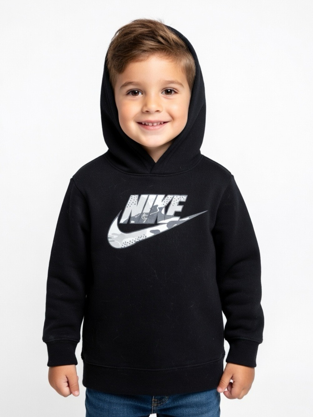Nike Black Kids Hoodie with Gray Camo Swoosh - Picture 1 of 3